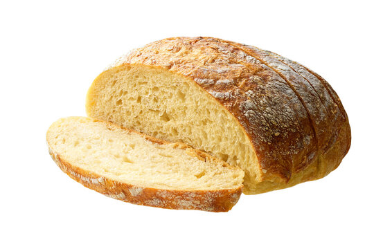 sliced wheat rustic bread with sourdough isolated on white background.