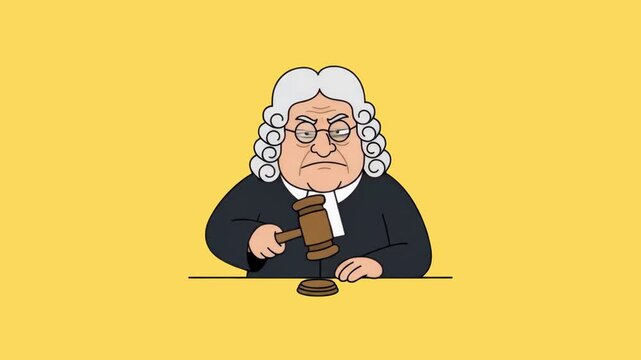 A 2D cartoon judge wearing a white powdered wig and black robe holding a wooden gavel and pounding it down on a desk, presented against a vibrant yellow studio backdrop. Great for legal service advert