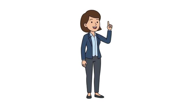 A cartoon businesswoman in a blazer thinking before having an "aha!" moment and pointing her finger up with an idea isolated on a clean white background. Ideal for corporate training slides, innovatio
