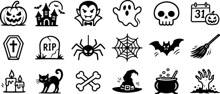 Hand Drawn Halloween Doodle Icon Collection with Pumpkins, Ghosts, Bats, Spiders, Tombstones and Spooky Symbols