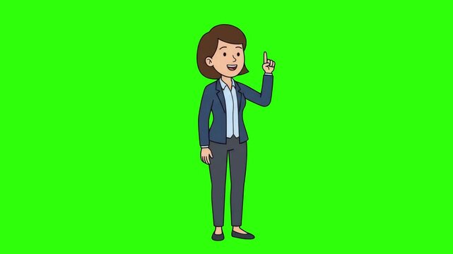 A professional cartoon businesswoman contemplating, coming up with a solution, and pointing her finger up in a sudden eureka moment isolated on a solid green chroma key background. Perfect for problem