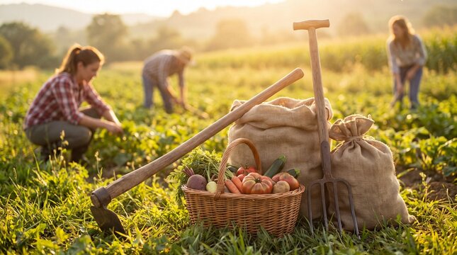 Organic farming tools and fresh vegetable harvest in a sunny field with farmers working.