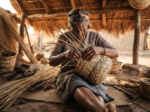 Elderly artisan weaving a basket from dried natural fibers under a thatched roof structure with elderly woman basketry handicraft traditional handmade heritage