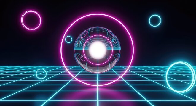 A glowing glass sphere floats over a luminous perspective grid. Vibrant neon circles and synthwave colors illuminate the dark digital space, glowing, blue, grid