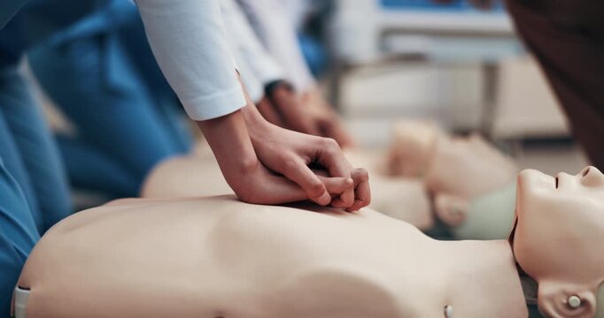 Medical, hands or mannequin in clinic for cpr training, chest compression or nursing certification. People, team or nurse with dummy for cardiac arrest, clinical simulation or emergency resuscitation
