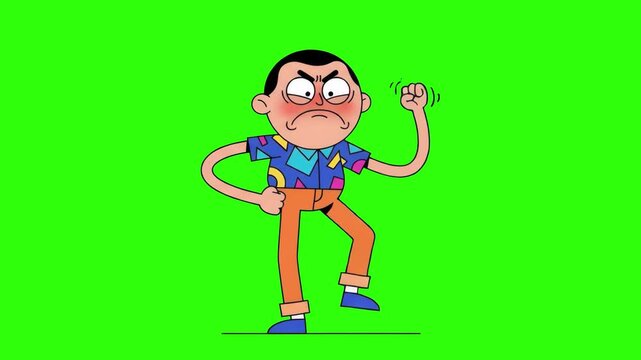 A 2D animated stylized man shouting with a red face and shaking his fist aggressively, isolated against a bright chroma key green screen background. Ideal for visual effects compositing, dramatic scen