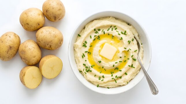 Creamy mashed potatoes in a white bowl with a pat of butter, chives, and raw potatoes, isolated on white background