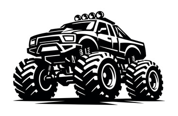 Bold black and white illustration of a powerful monster truck with oversized tires © Compositor 