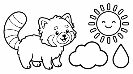 Fototapeta premium Cute cartoon red panda coloring page with sun and cloud.