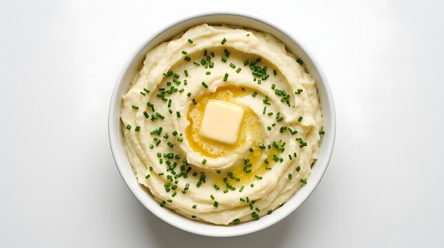 Creamy mashed potatoes in a white bowl with a pat of butter and fresh chives, isolated on white background