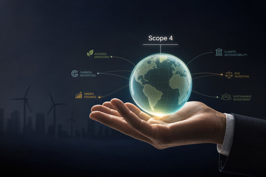 Scope 4 translucent globe cradled in professional hand symbolizing avoided emissions carbon reporting green finance climate accountability and ESG investing framework