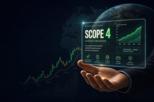 Scope 4 avoided emissions holographic panel presentation with London UNEP roundtable branding for climate finance reporting and macro-resilience investment metrics