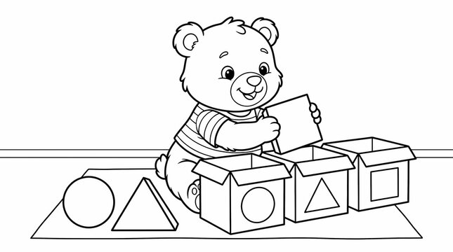 Cute cartoon bear cub sitting on a mat and sorting geometric shapes into matching boxes for a children's coloring page.
