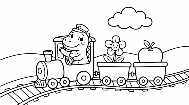Cute cartoon dinosaur driving a train with fruit and flowers through hills on a clear day for a coloring activity.