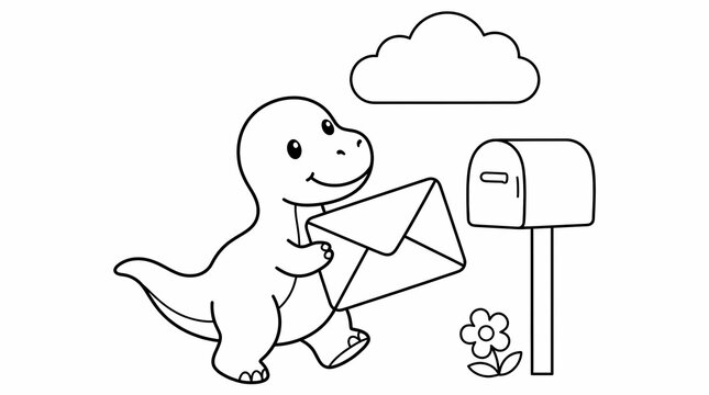 Cute dinosaur delivering a large letter to a mailbox coloring page illustration.