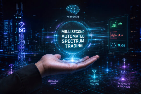 Millisecond Automated Spectrum Trading concept with AI brokers buying selling trading 6G sub-terahertz frequencies for dynamic routing bandwidth allocation in congested city networks