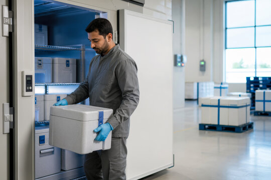 Emergency vaccine cold chain logistics specialist handling sealed thermal transport container beside ultra-cold refrigerated unit for developing markets pharmaceutical distribution emergency response