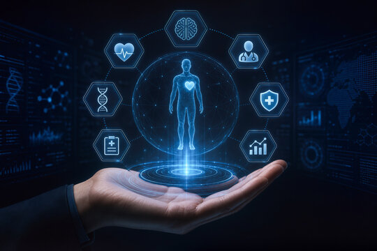 AI-Powered Health Intelligence Platform concept hand presenting holographic human body with medical icons futuristic tech environment digital health analytics and remote patient monitoring