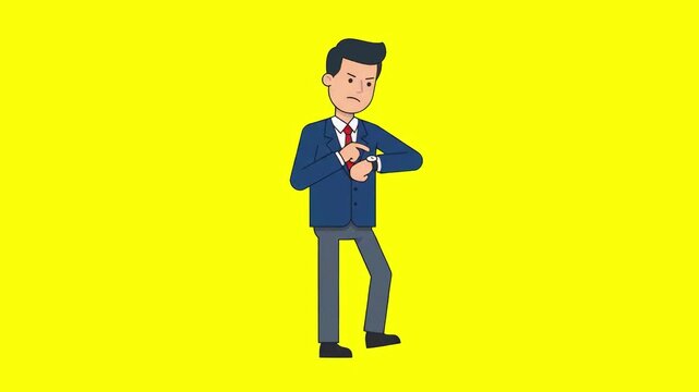 An annoyed cartoon businessman checking the time on his wristwatch isolated on a bright yellow background. Suitable for productivity app banners, time tracking software ads, deadline warnings, and exp