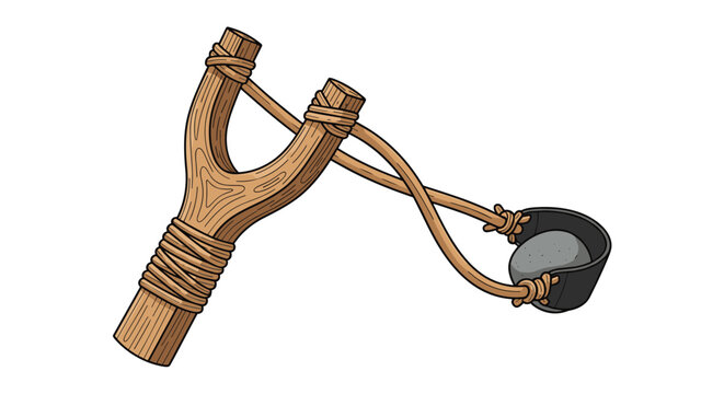Traditional handmade wooden slingshot with a stone in leather pocket, classic outdoor toy vector illustration.