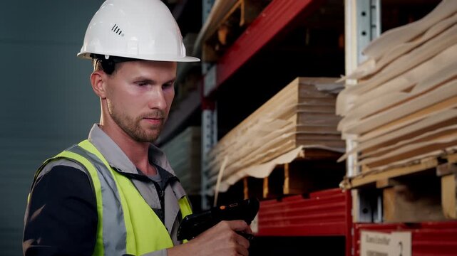 Warehouse worker uses a handheld barcode scanner to check stored materials during inventory control and stock management in an industrial warehouse.