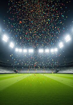 Colorful paper confetti falls through the air above a large empty athletic arena with bright stadium lights and a lush green grass field, floodlights, confetti, field