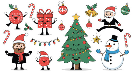 Fototapeta premium Cute cartoon Christmas elements set featuring a smiling pine tree, Santa Claus, snowman, gifts, and ornaments with faces.