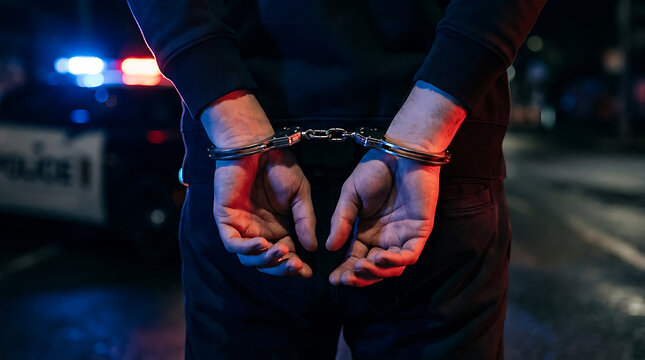 Close up of handcuffed hands in police custody.
