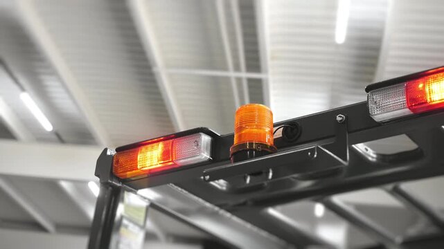 Close-up of illuminated warning beacon and safety lights on a forklift, signaling operating machinery and workplace safety in an industrial facility.