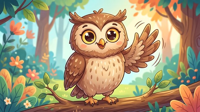 Cute cartoon owl waving in sunny forest, adorable brown owl character on branch, whimsical woodland bird illustration for kids