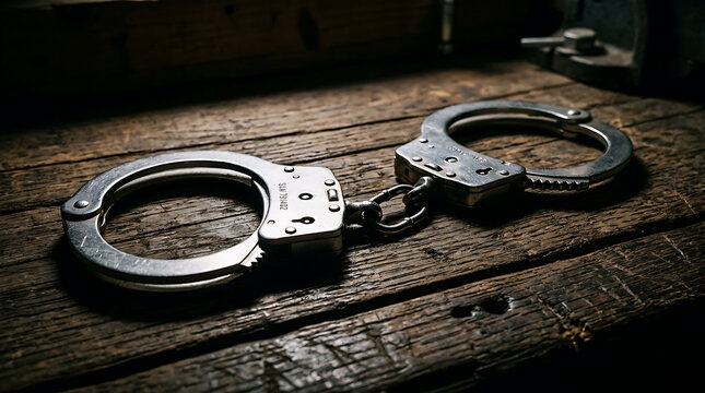Close up of old metal handcuffs on wooden surface.