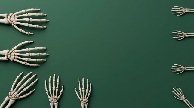 Human hand skeleton in various poses on green background