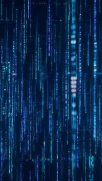 Digital data stream flowing through cyberspace with blue neon light particles in dynamic motion video footage