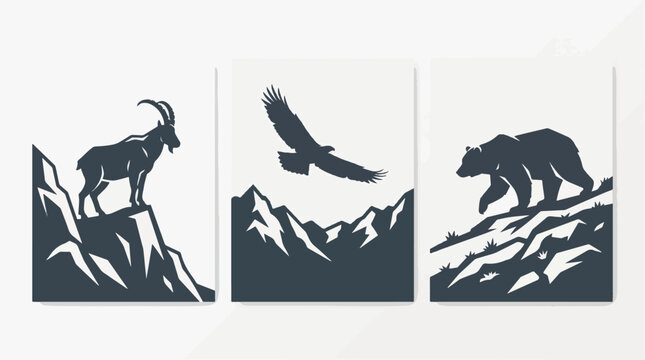 Minimalist vector graphic set featuring wild mountain goat eagle and grizzly bear silhouettes within three distinct rectangular landscape panels