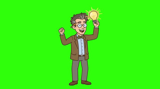A cartoon scientist character wearing glasses holding a glowing light bulb isolated on a solid green chroma key background. Perfect for educational content, business strategy promos, creative animatio