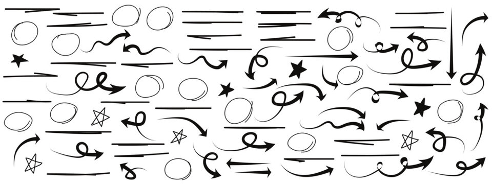 set of artistic black arrow, underline, circle. hand drawn doddle arrow star for card, poster, banner.