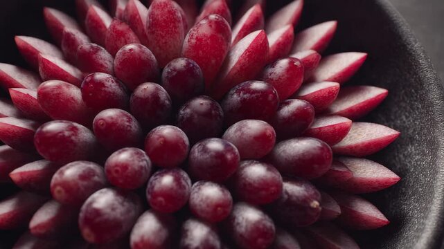 Grey matte panel and grape halves arranged in tight radial grid on bowl, airy neutral tone and micro-focus clarity