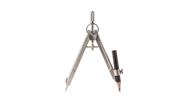 Professional metal drawing compass with pencil, precision drafting tool for geometry, technical architect compass for engineering isolated PNG with Transparent Background
