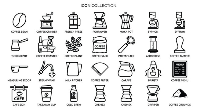 Icon collection for coffee making process, from bean to cup, with brewing devices and cafe elements in modern style.