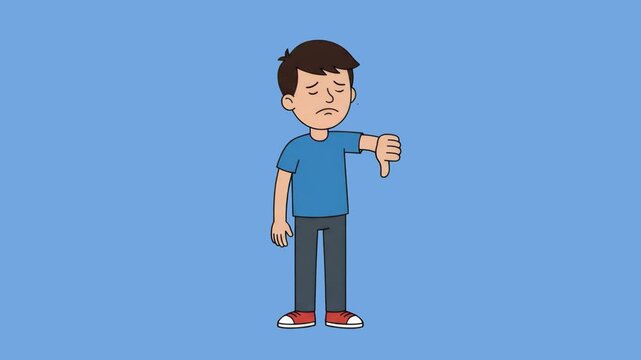 A 2D cartoon boy looking sad and giving a thumbs down sign with his hand, set against a smooth blue studio backdrop. Great for educational media, feedback banners, customer dissatisfaction guides, and