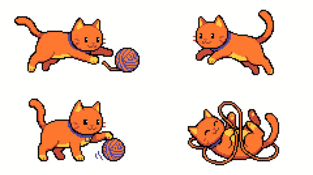 Playful orange pixel art cat character set playing with yarn ball isolated on white background, retro gaming style kitten sprite sheet for game design and creative projects.