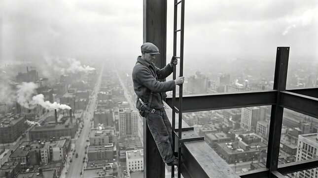 Vintage construction worker on steel skyscraper beam, historic black and white city skyline view, industrial ironworker high altitude