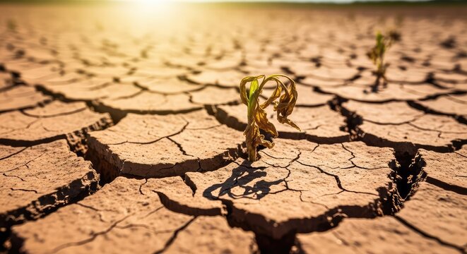 A close-up of a cracked, parched earth field where a single withered sprout struggles to grow under a harsh sun, symbolizing crop failure, dry, growth, famine