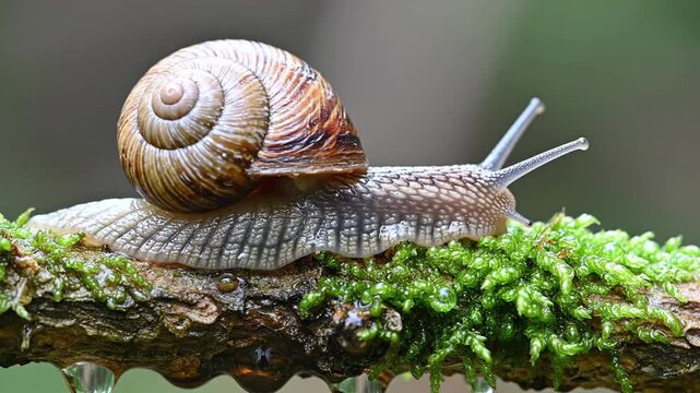 Snail crawling on mossy branch with water droplets nature close up