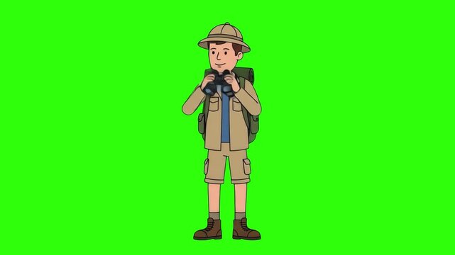 A cartoon safari explorer or tourist character wearing a pith helmet and backpack holding binoculars isolated on a solid green chroma key background. Ideal for travel agency advertising, wildlife docu