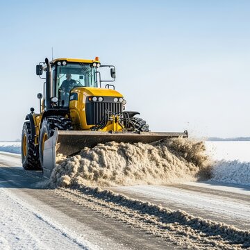 A heavy yellow tractor equipped with a large metal plow clears a thick layer of slush and mud from a frozen rural road during winter, season, power, landscape
