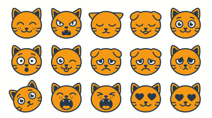 Fototapeta premium Set of 15 orange cat emoji icons showing various facial expressions and emotions like happy, sad, angry, and surprised for digital messaging and pet themed designs.