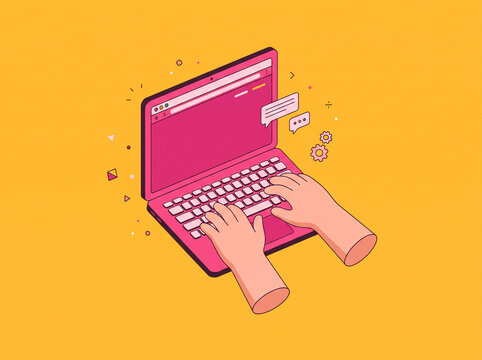 Isometric flat vector illustration of hands working on a pink laptop displaying web browser, floating chat bubbles, and gear icons on a yellow background.