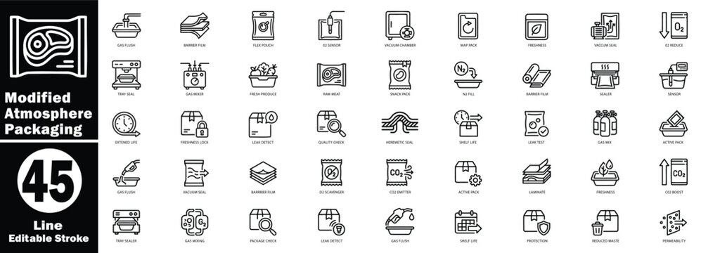 Modified atmosphere packaging outline icon set. Food preservation technology and gas-flush packaging solutions. Editable vector illustration.