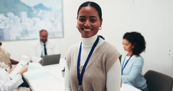 Happy, face and woman in meeting with doctors, healthcare worker or admin for financial planning. Portrait, hospital and person with pride for medical insurance, budget and finance advisor for clinic
